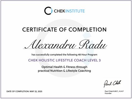 CHEK Holistic Lifestyle Coach Level 3 certificate of completion, Alexandru Radu